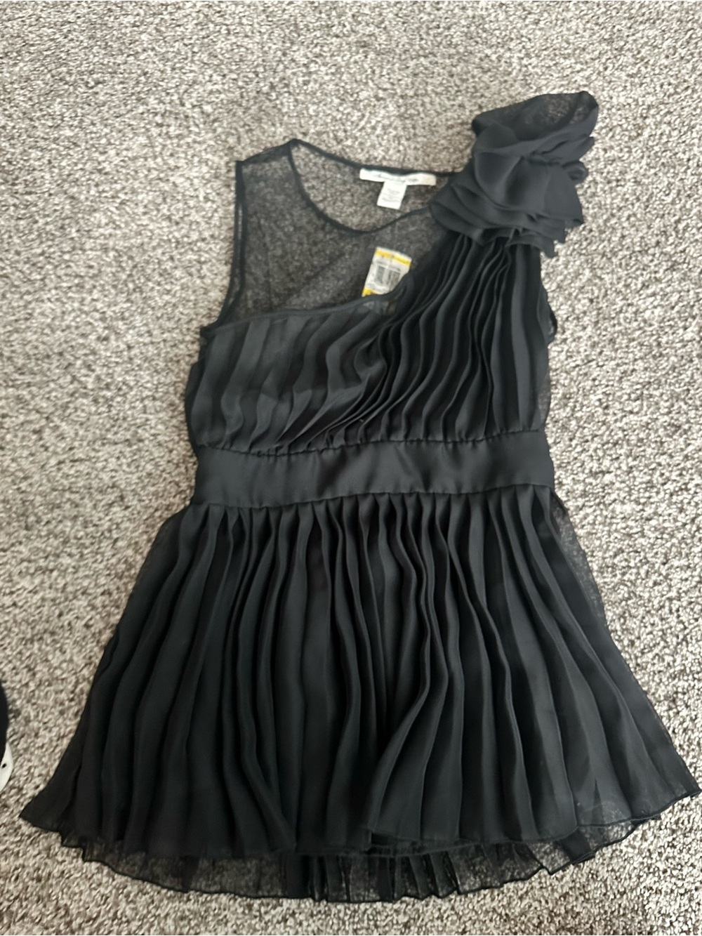 American Rag Black One-Shoulder Pleated Chiffon Blouse with Rosette